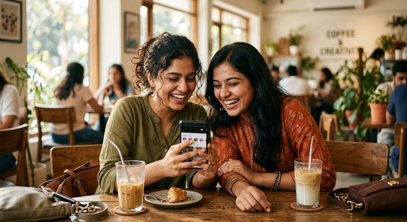 Two Clive creators laughing while checking the app at a cafe