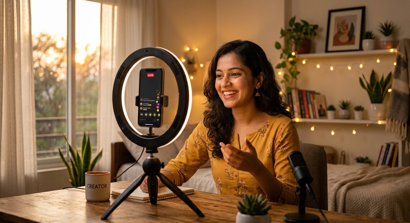 Clive host live streaming with a ring light and phone on tripod
