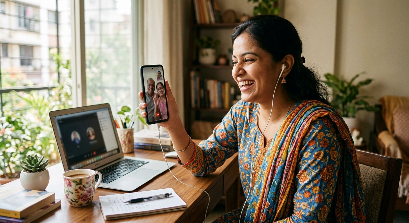 Clive host smiling during a video call from her home desk